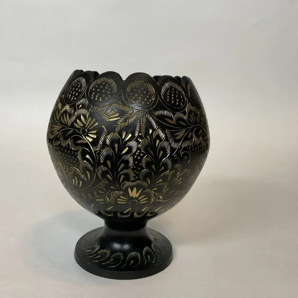 Vintage Indian Globe-Like Body Brass Hand Etched‎ Black Gold Bud Vase Scalloped